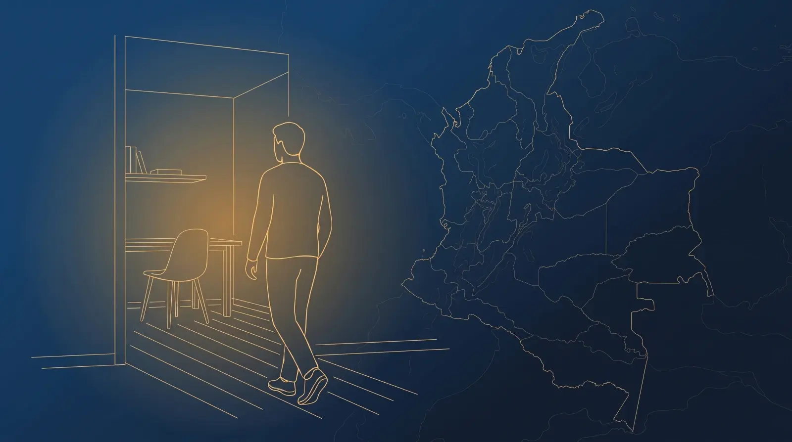 Ilustración en líneas doradas sobre azul marino: una persona vista de espaldas entrando a una sala de examen tranquila, con el mapa de Colombia tenue de fondo.
