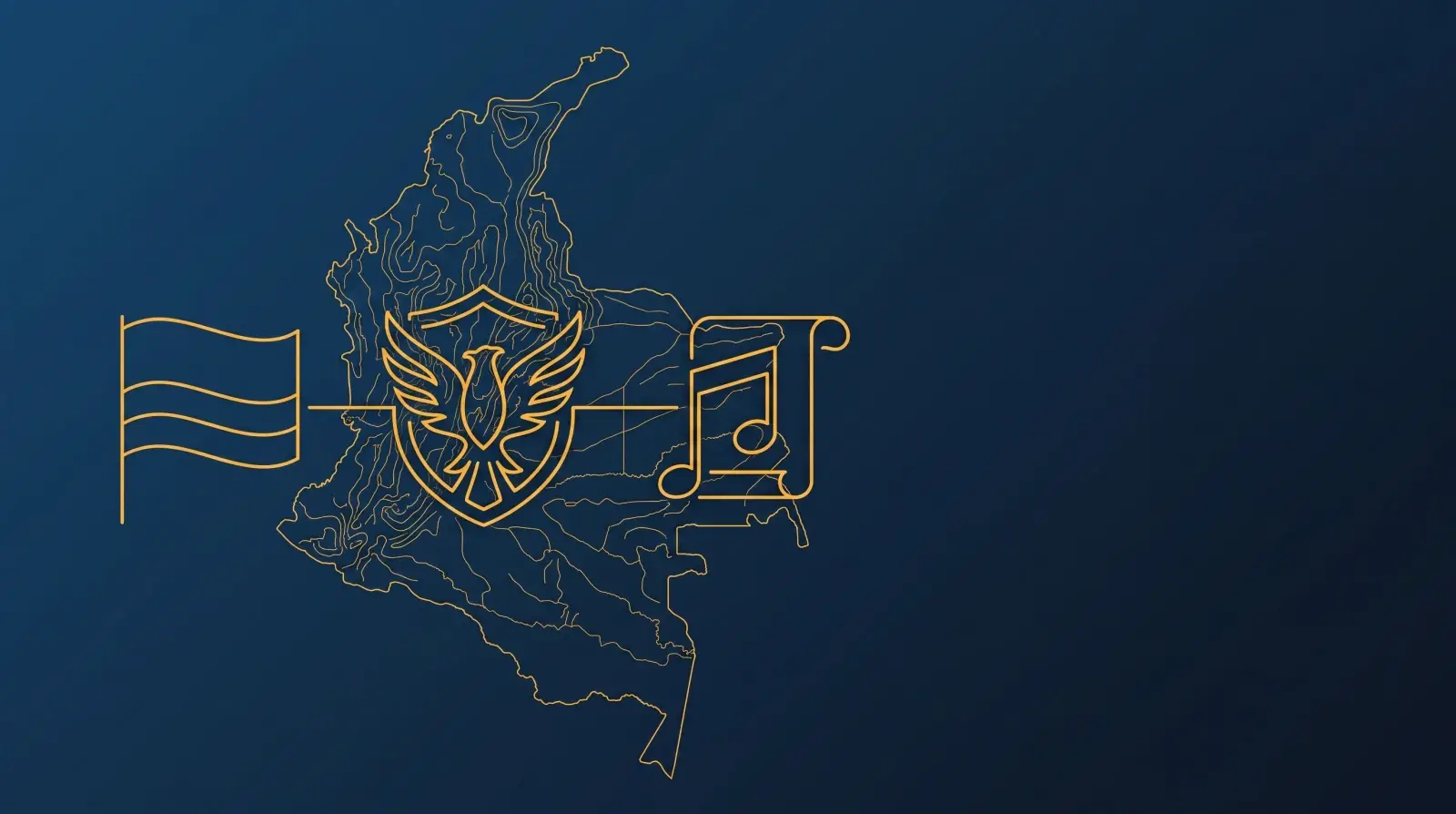 Ilustración en líneas doradas sobre azul marino: la bandera, el escudo y una nota musical que representa el himno de Colombia, unidos sobre el contorno del país.