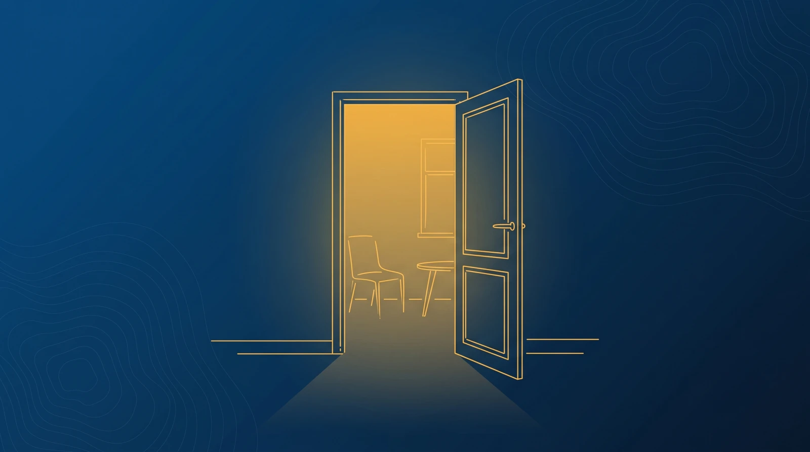 Ilustración en líneas doradas de una persona entrando con calma a una sala tranquila, con luz cálida.