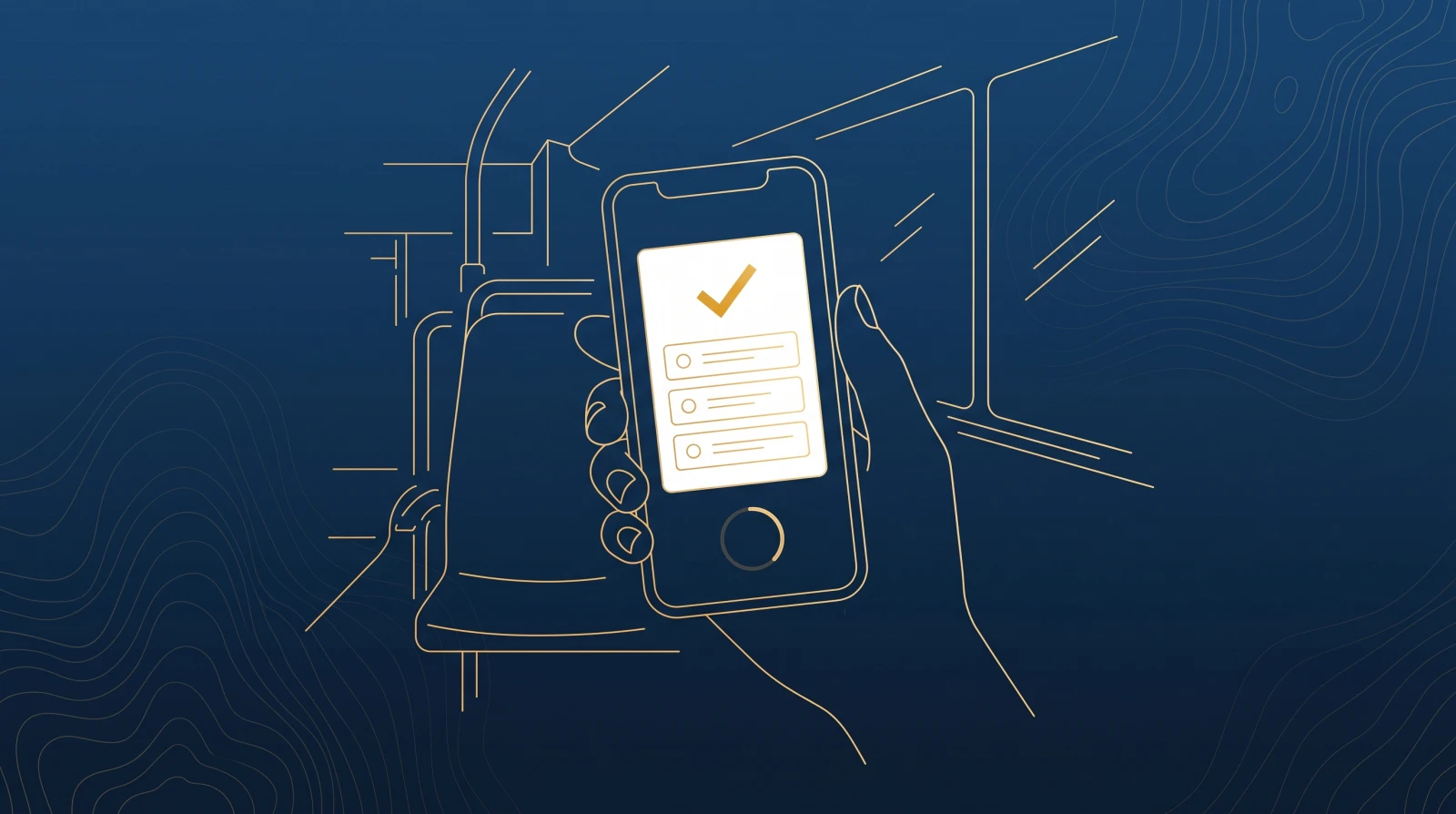 Ilustración en líneas doradas de una mano sosteniendo un teléfono con una pregunta de práctica y una marca de verificación.