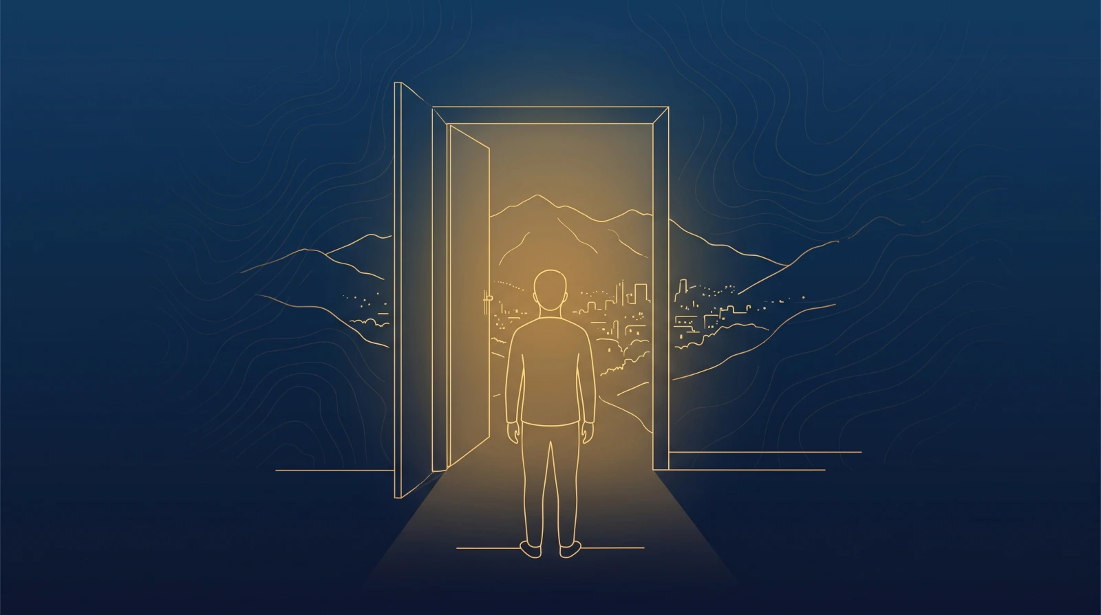 Ilustración en líneas doradas de una figura frente a una puerta abierta con luz cálida, sugiriendo un paso importante.