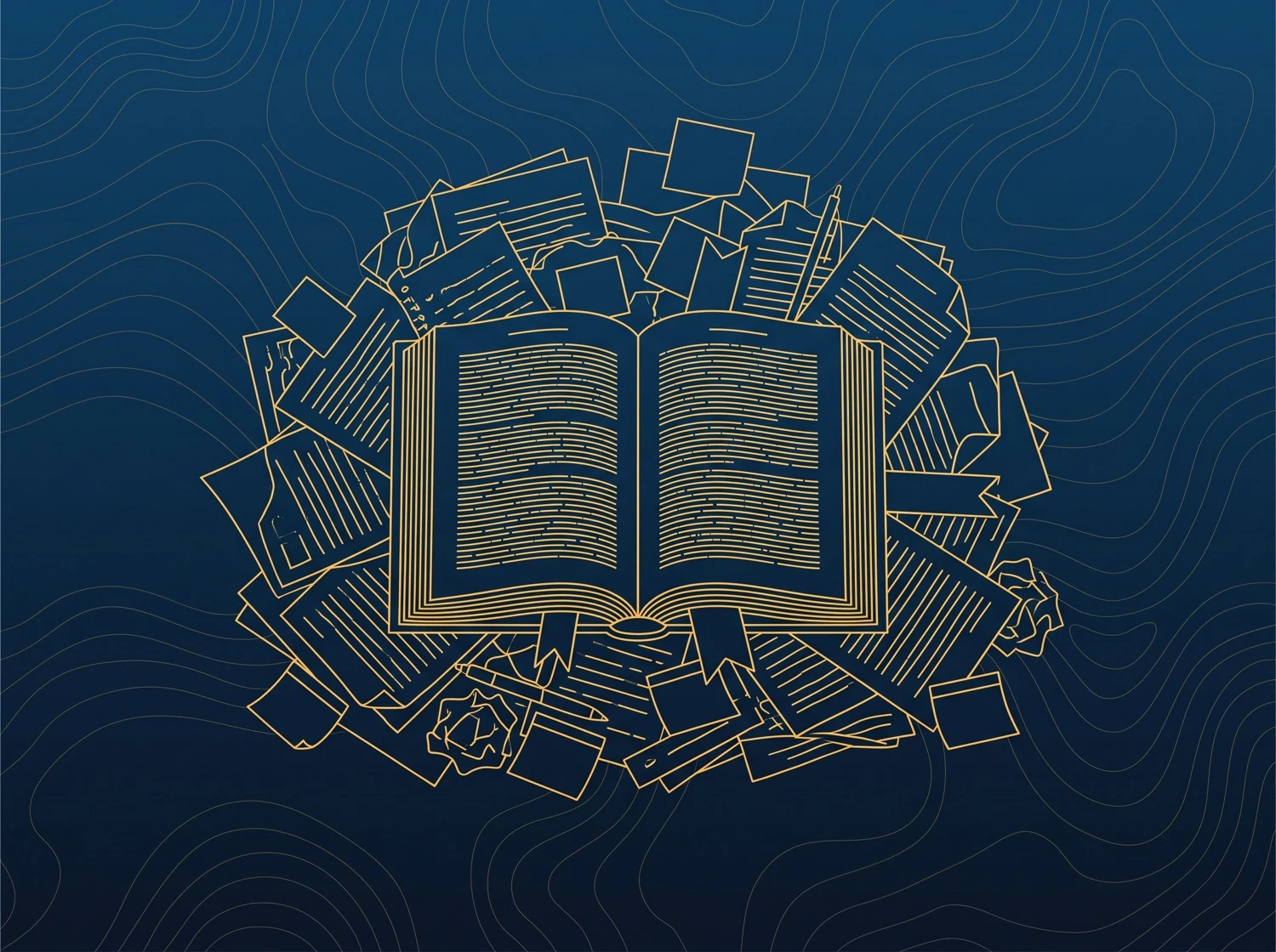 Un libro abierto rodeado de una pila desbordada de papeles y notas, en líneas doradas sobre azul marino, transmitiendo sobrecarga.