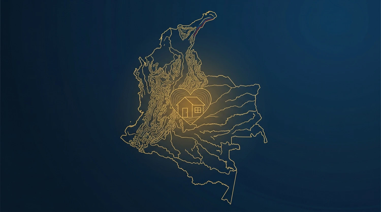 El mapa de Colombia en líneas doradas con una casa y un corazón en el centro, sobre azul marino, evocando encontrar un hogar.