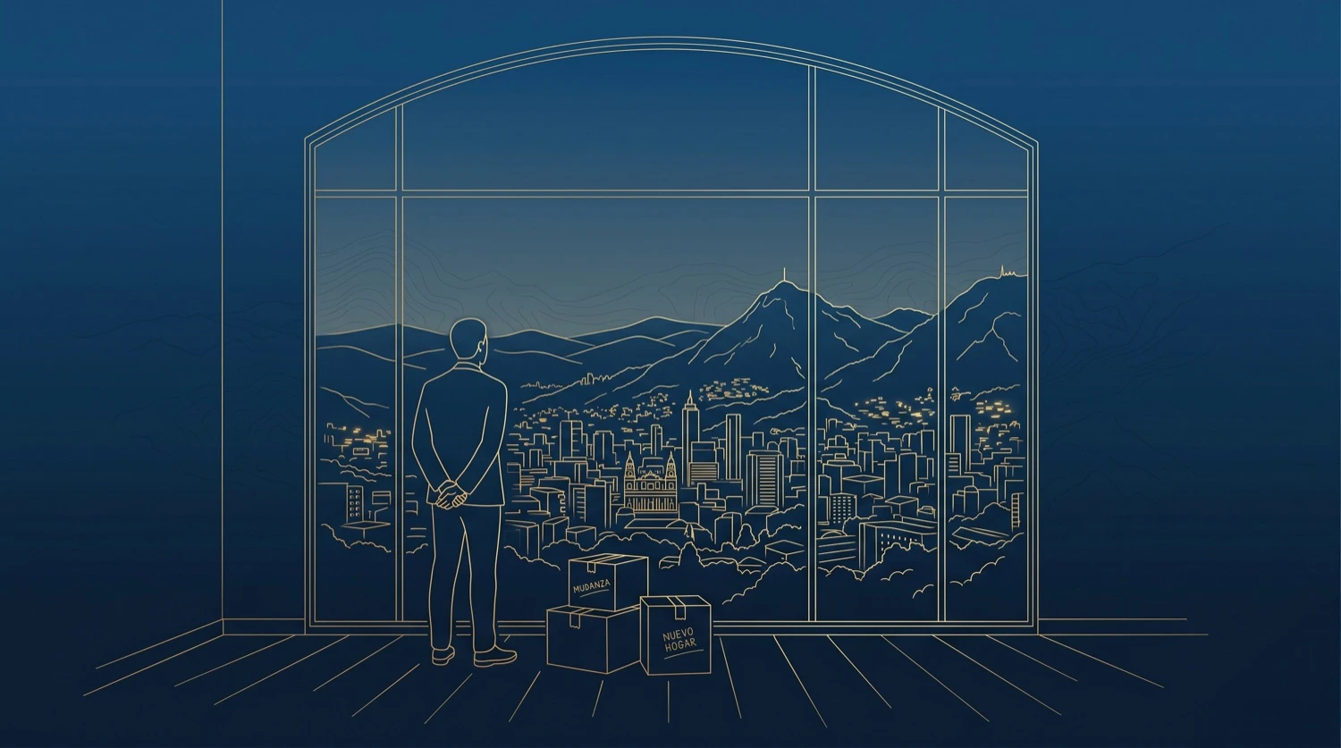 Una figura de espaldas contempla una ciudad de montaña colombiana desde una ventana, con cajas de mudanza, en líneas doradas sobre azul marino.