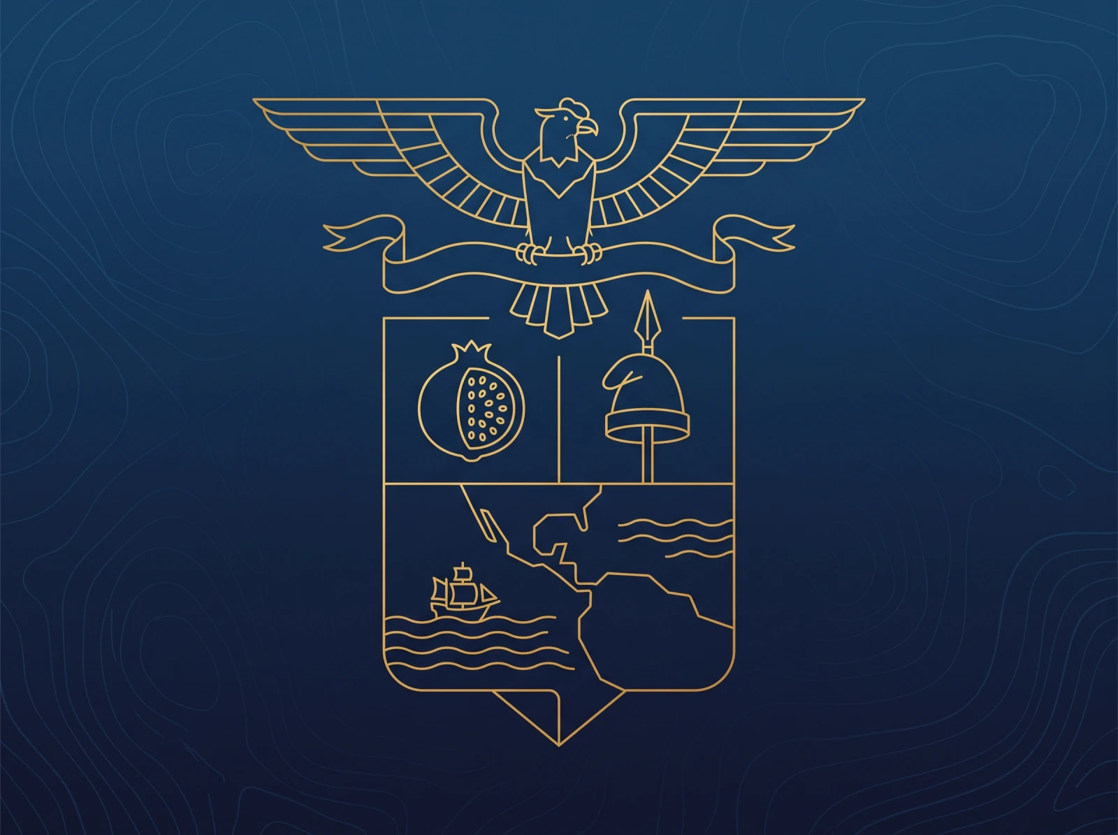 Ilustración en líneas doradas de los elementos del escudo de Colombia: el cóndor, la cinta y el istmo, sobre azul marino.