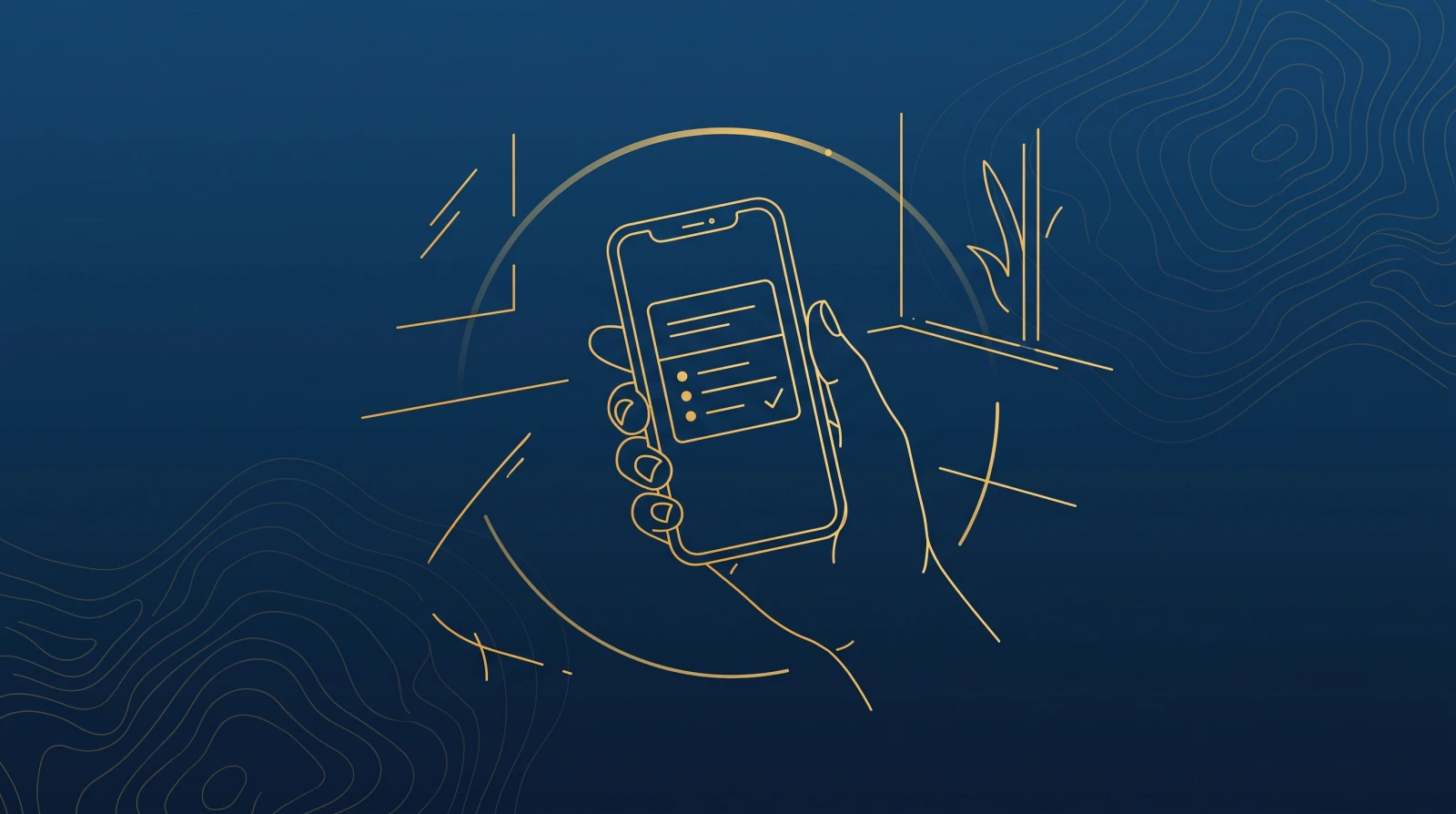 Ilustración en líneas doradas de una mano sosteniendo un teléfono con una pregunta de práctica y una marca de verificación.
